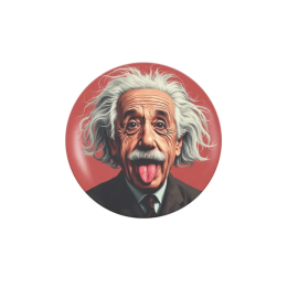 Badge personnalisé de Albert Einstein qui tire la langue, sur fond rouge